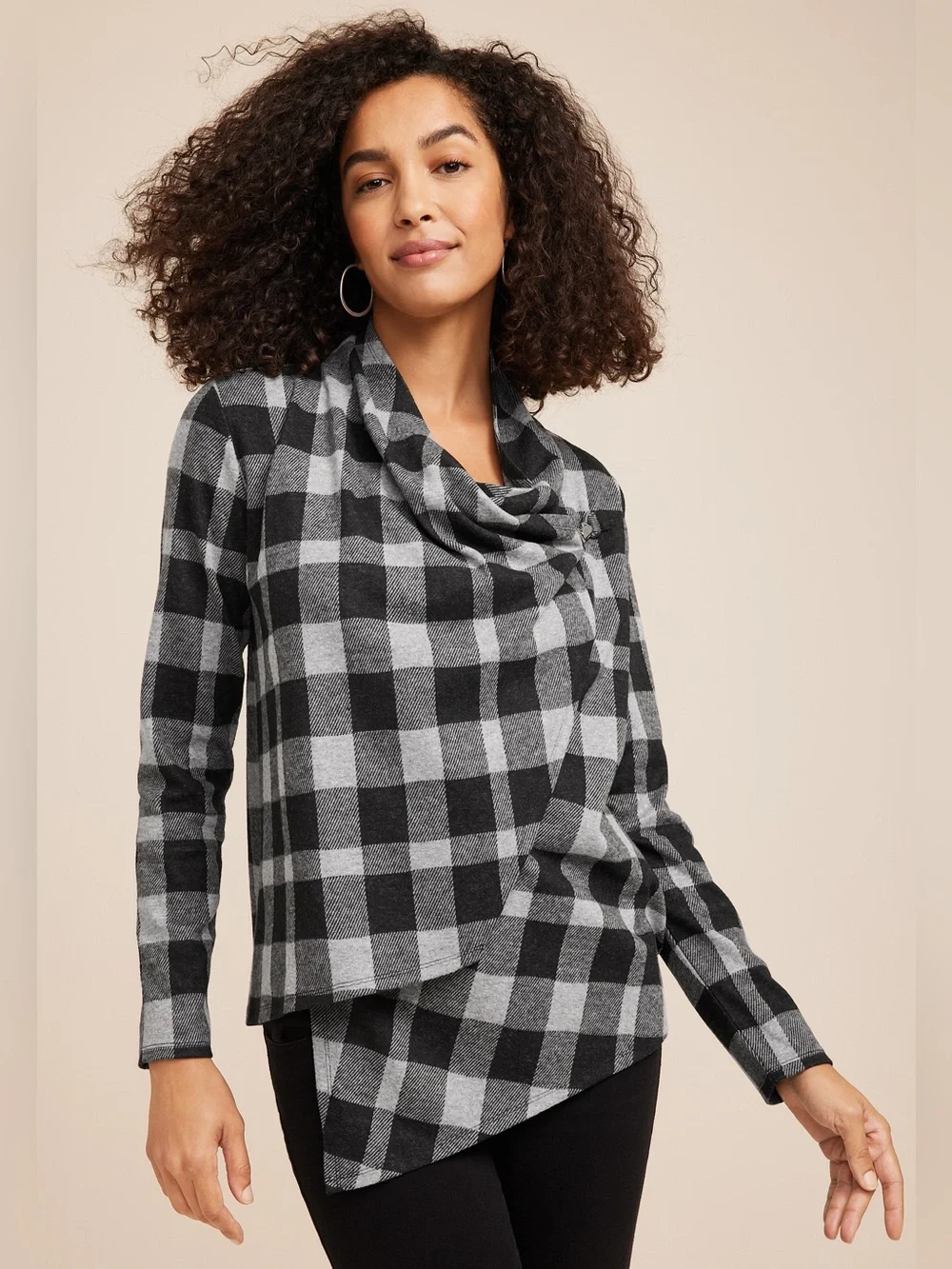 Maurices Black and Gray Plaid Wrap Cardigan Layer Warm Asymmetrical Winter